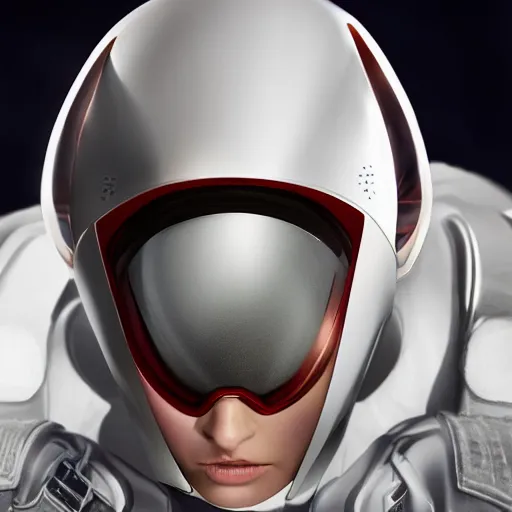 Image similar to portrait of a beautiful female soldier, no makeup, in glossy sleek white armor inspired by samus aran and a long red cape, head tilted back, determined expression, no helmet, on the surface of mars, cinematic, sci-fi, hyperrealistic, detailed