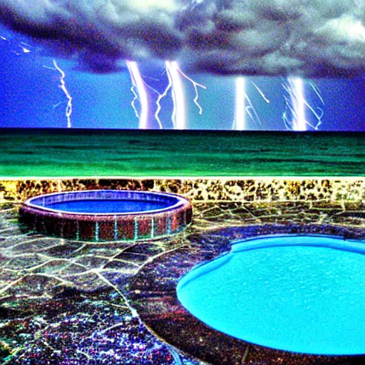 Prompt: Palace of the chalice, refracted sparkles, motion blur, accidental pic, thunderstorm, greek pool, beach and Tropical vegetation, 2005 blog, dslr camera IMG_4016