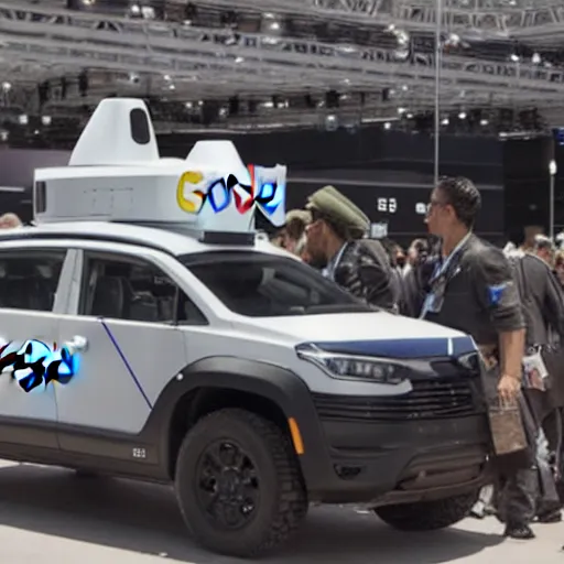 Image similar to google self driving car equipped with multiple rocket launcher system, photo from defense innovations expo 2 0 2 0