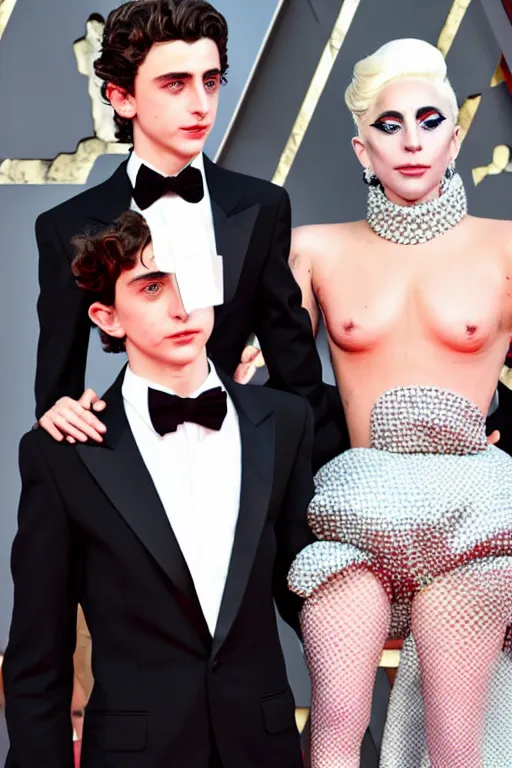 Image similar to timothee chalamet and lady gaga holding hands on the red carpet, beautiful detailed faces, canon eos