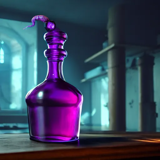 Image similar to hyper realistic poison bottle, purple liquid inside. background is an ancient laboratory. dnd style, ultra detailed, trending on artstation, concept art, octane render, unreal engine 5, 8 k rendering.