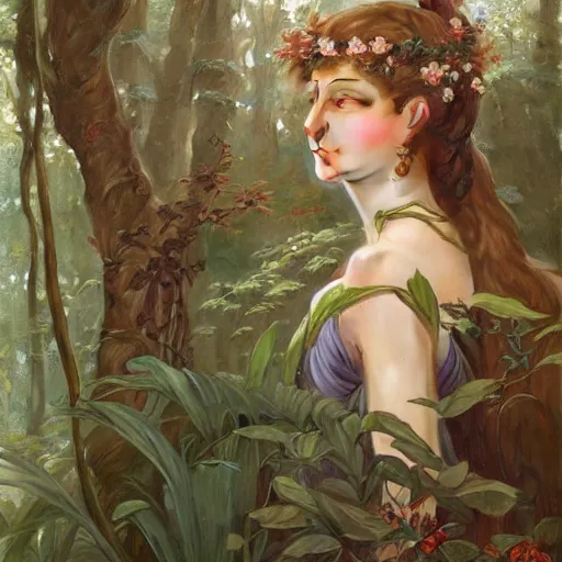 Prompt: portrait of forest goddess, intricate, elegant, highly detailed, digital painting, artstation, concept art, smooth, sharp focus, illustration, art by artgerm and greg rutkowski and alphonse mucha and william - adolphe bouguereau