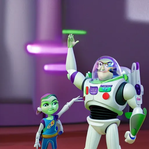 Image similar to buzz lightyear and rey skywalker holding hands
