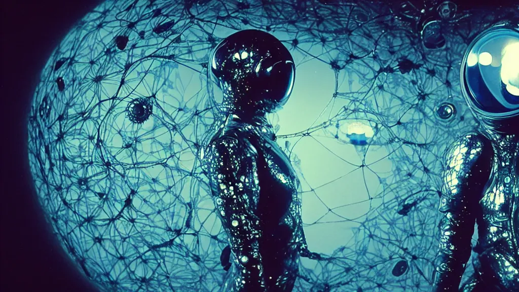 Image similar to a cybernetic symbiosis of a single astronaut eva suit swimming in infected with diamond 3d fractal lace iridescent bubble 3d skin covered with insectoid compound eye camera lenses floats through the living room, film still from the movie directed by Denis Villeneuve with art direction by Salvador Dalí, wide lens,