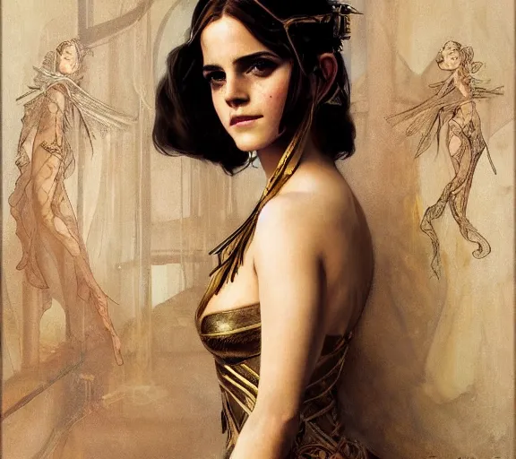 Prompt: photography of a sensual emma watson dressed like cleopatra with bondage, deep focus, intricate, elegant, highly detailed, digital painting, artstation, concept art, matte, sharp focus, illustration, art by artgerm and greg rutkowski and alphonse mucha and gil elvgren