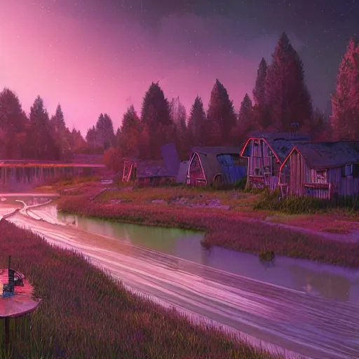 Image similar to dreamlike photo of a sparse village near a river and intertwined with nature, defunct technology, by Moebius by Simon Stålenhag, 4k wallpaper, high details, blur, motion blur, volumetric lighting, dynamic, synthwave, 80s , retro