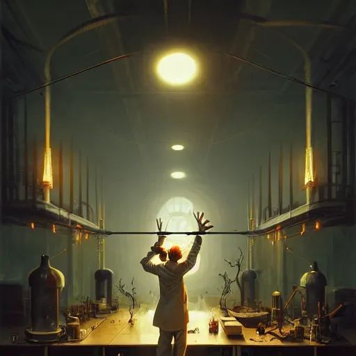 Prompt: symmetry!! mad scientist conducting an experiment by otto dix and greg rutkowski and andreas rocha, cinematic lighting, highly detailed, warm colours, 4 k -