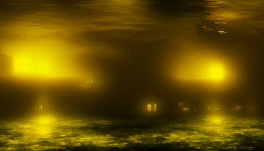 Prompt: a city underwater, landscape shot, small fish swimming around, yellow lights, by jmw turner, cold colors, highly detailed, moody lighting, octane render, 4 k, 8 k, ultrarealistic