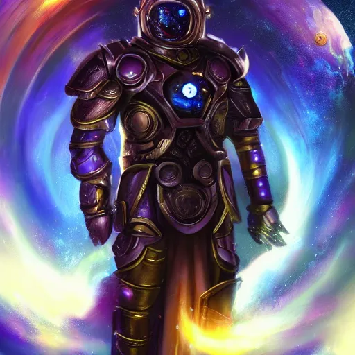 Image similar to photorealistic fantasy cosmic concept art of a cosmic god with armor made out of planets and dark matter, hovering in a unknown galaxy, fully body portrait, cinematic, dynamic lighting, ultra detailed, creative, trending on art station, creative