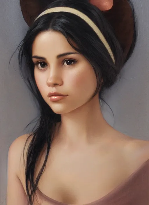 Prompt: beautiful thirty year old woman with long black hair, tan skin, curvy hourglass figure, round cute face, slight resemblance to selena gomez and vanessa hudgens wearing a mickey mouse ears headband. beautiful painting by artgerm and greg rutkowski lois van baarle and bouguereau