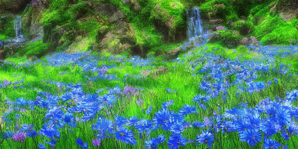 Image similar to a fantasy meadow landscape with waterfall patches of blue flower, digital art