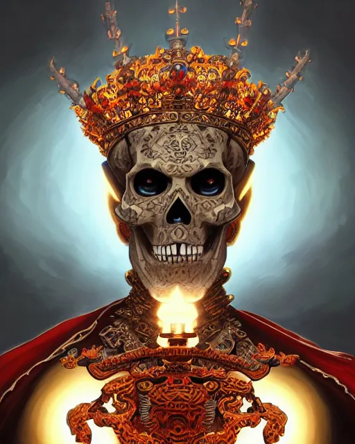 Image similar to portrait of skeleton emperor, glowing demonic energy crown, upper half portrait, decorated with chinese opera motifs, asian, bian lian, traditional chinese art, intricate, elegant, highly detailed, symmetry, digital painting, artstation, concept art, smooth, sharp focus, illustration, art by artgerm and greg rutkowski and alphonse mucha, 8 k