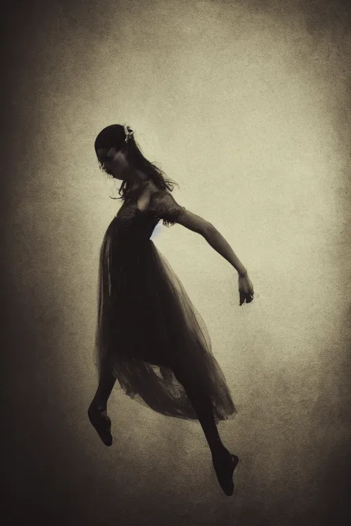 Prompt: dark ballerina, emil melmoth, concept art, deviantart, dark, 3 5 mm, chiaroscuro, surrealist, victorian, mist, dark, seen from below
