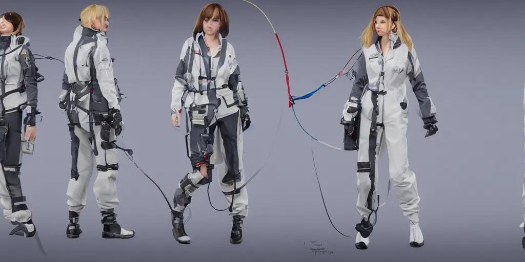 Prompt: A woman in scientist jacket with a system of straps and pouches for collecting material by Tetsuya Nomura with Ralph Horsley and Mario Testino, trending on artstation and pixiv clean sci-fi concept art and sheet that using unreal engine 5 renders and hyper detailed textures with cinematic light