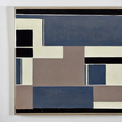 Image similar to a geometric painting in the style of Pierre Soulages which is aligned to an invisible square grid, varied line width and value, simple geometric shapes of varied size, monochromatic with pops of pastel tones