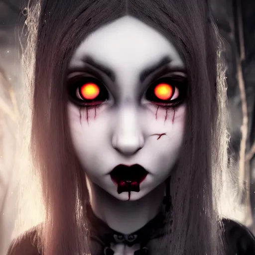 Prompt: photorealistic full shot portrait of cute angry darkness vampire anime girl, gothic clothing, worrying eyes, inspired by Tim Burton, detailed, unreal engine 4k volumetric light, fog,