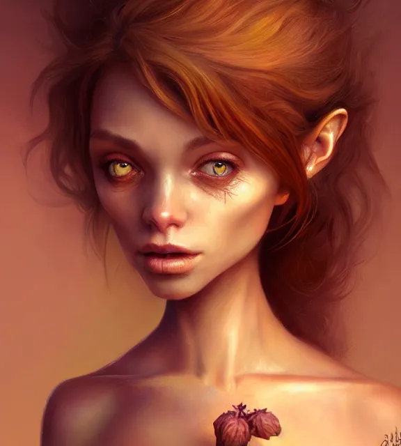 Prompt: cute female goblin as human, perfect face, beige halter top, auburn hair, abs, cinematic, blush, stunning, elegant, highly detailed, psychedelic, digital painting, artstation, smooth, hard focus, illustration, art by jessica rossier and and brian froud