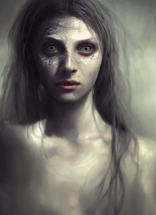 Image similar to portrait of sinister girl with thin evil lips, skeksis, unforgiving, bandaid on nose, expressive eyes, full body, translucent skin, greg rutkowski, charlie bowater, yuumei, stephen gammell, unreal 5, daz, hyperrealistic, octane render, rpg portrait, dynamic lighting, fantasy art, beautiful face