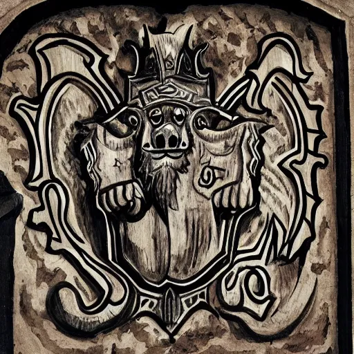 Image similar to sigil of a pig, a lion, a jester, a bat, and a knight carved into a cave's wall