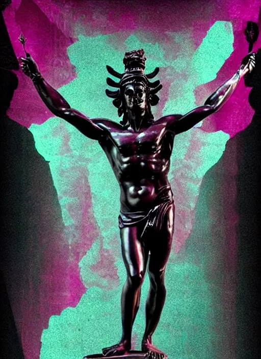 Image similar to elegant dark design poster showing a large greco roman statue of hermes, black background with very subtle red and purple design elements, bold, powerful, nekro, vito acconci, thin straight purple lines, dark, glitch art, neo vaporwave, gritty, layout frame, square, trending on artstation