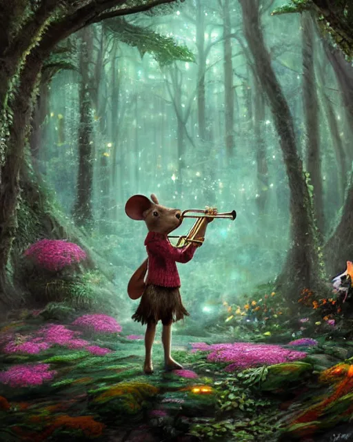 Prompt: Mouse playing Trumpet in magical forest, portrait, wearing hat, magical notes, fairy atmosphere, magic the gathering artwork, D&D, fantasy, cinematic lighting, centered, symmetrical, highly detailed, digital painting, artstation, concept art, smooth, sharp focus, illustration, volumetric lighting, epic Composition, 8k, art by Akihiko Yoshida and Greg Rutkowski and Craig Mullins, oil painting, cgsociety