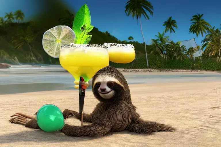 Prompt: a sloth drinking margaritas on a coromandel beach in new zealand, beach bar, party, award winning, vibrant, highly realistic, digital art, artstation, deviantart, hd, octane render, 4k