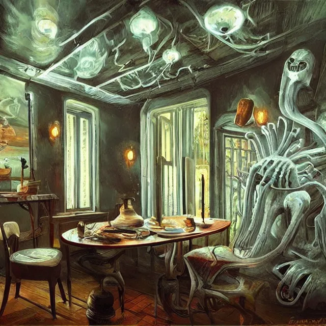 Image similar to a serene and tranquil dining room, haunted house, masterpiece, unease, grasping pseudopods, rhads!!!, magical realism, urban fantasy, ( h. r. giger )