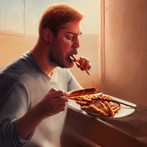 Image similar to portrait of a blonde chubby woman eating kebab, light stubble with red shirt ,digital art,photorealistoc,art by greg rutkowski,hyperdetailed,western comic style,comic,comic style,sharp lineart,professional lighting,deviantart,artstation,trevor henderson,rossdtaws,cinematic,dramatic