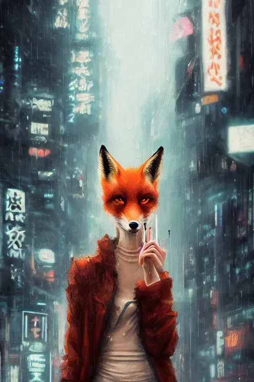 Image similar to beautiful portrait of a tall female anthro fox smoking a cigarette white standing head and shoulders taller than the bustling crowd of a rainy city street, cyberpunk, harsh neon lights, highly detailed, sharp focus, digital painting, illustration, trending on artstation, art by sakimichan, wlop, greg rutkowski
