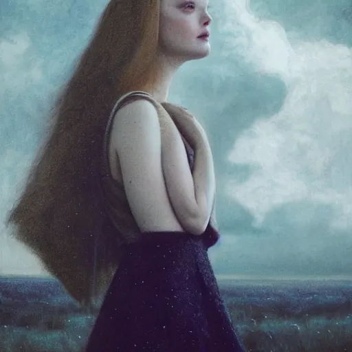 Image similar to Elle Fanning in a field in the world of Adam Wyeth, head and shoulders portrait, stormy weather, extremely detailed masterpiece, oil on canvas, low-key neon lighting, artstation, Blade Runner 2049, Roger Deakin’s cinematography, by J. C. Leyendecker and Peter Paul Rubens and Edward Hopper and Michael Sowa,