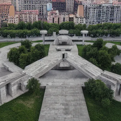 Image similar to aerial view of brutalist extensive monument ricardo bofill ( ( ( ( ( park ) ) ) ) ) spomenik with ( ( railings ) ) photo, 4 k