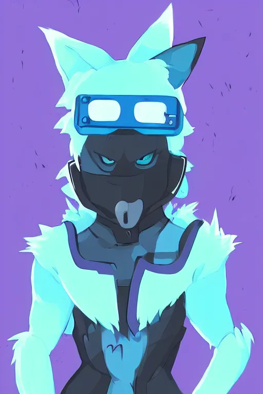 Image similar to a cute cyberpunk anthropomorphic wolf with light blue fur and a fluffy tail, comic art, trending on furaffinity, cartoon, kawaii, backlighting, furry art!!!, cel shading, concept art, lineless