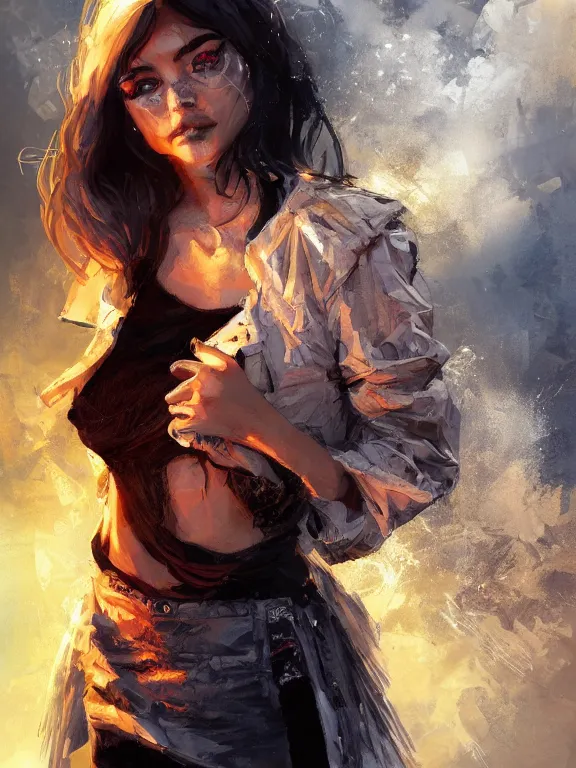 Image similar to digital illustration of a girl with eyes that burn like cigarettes wearing a short skirt and a long jacket with fingernails that shine like justice, dramatic lighting, photorealistic, full body shot, extreme detail, 4 k, colorful, artgerm and craig mullins