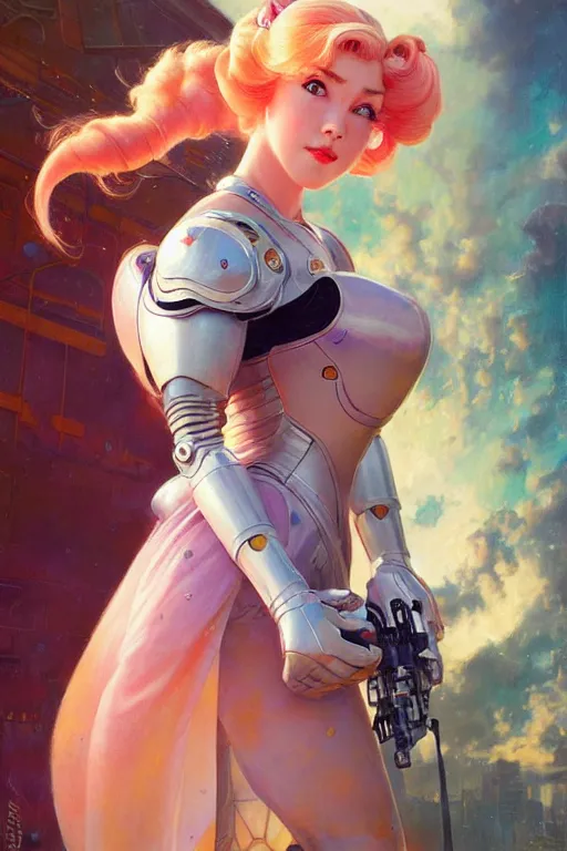 Image similar to cyborg princess peach profile picture by Margaret Keane, dynamic pose, intricate, futuristic, fantasy, elegant, by Stanley Artgerm Lau, greg rutkowski, thomas kindkade, alphonse mucha, loish, norman Rockwell,