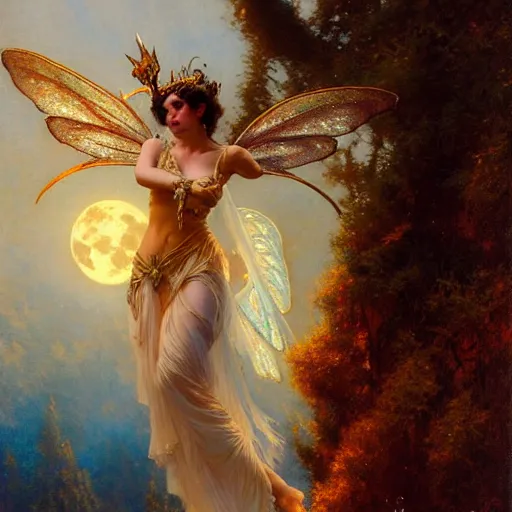 Image similar to attractive fairy queen fly high in the night, fantasy, full moon in background. hyper detailed painting by gaston bussiere, craig mullins, j. c. leyendecker, mid shot, 8 k, cryengone, cinematic lighting, beautiful,