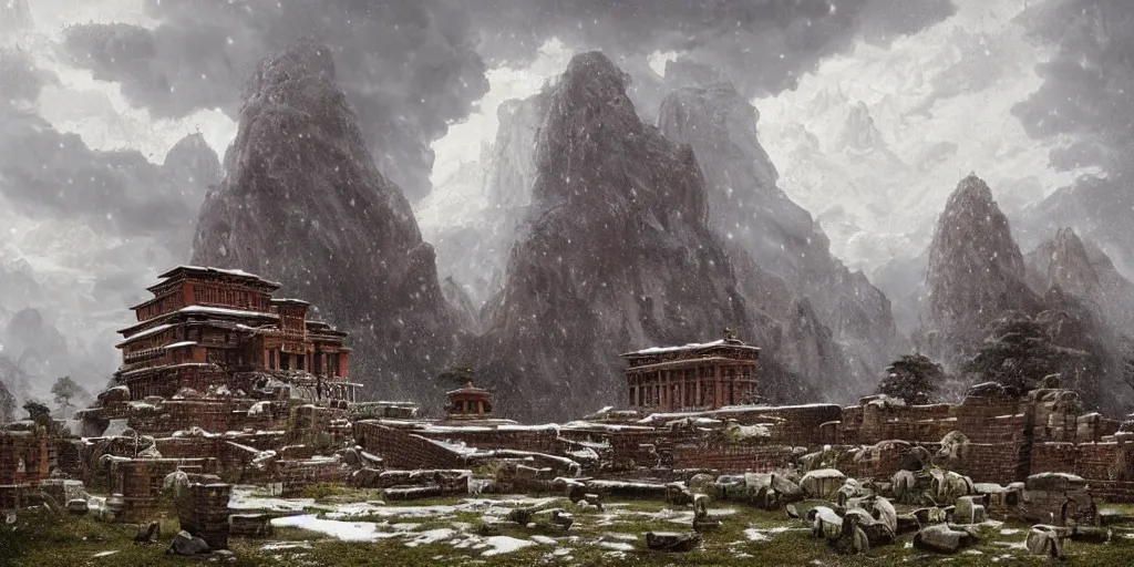 Image similar to immense and imposing tibetan and roman ruins in the mountains, a snow storm fills the sky, fantasy, magical lighting, Greg Rutkowski and Studio Ghibli and Ivan Shishkin