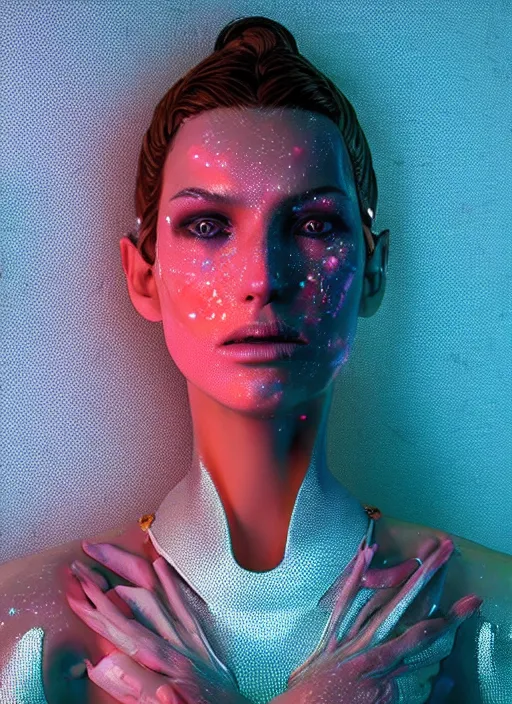 Image similar to a sensual caucasian female humanoid with freckles, cyber neon lighting, futurism, intricate futuristic jewelry accessories, cyberpunk swimsuit, profile posing, hyper photorealistic, crispy quality, digital photography, trending in artstation, trending in pinterest, cinematic, 4 k ultra hd, art by pascal blanche, art by greg rutkowski,