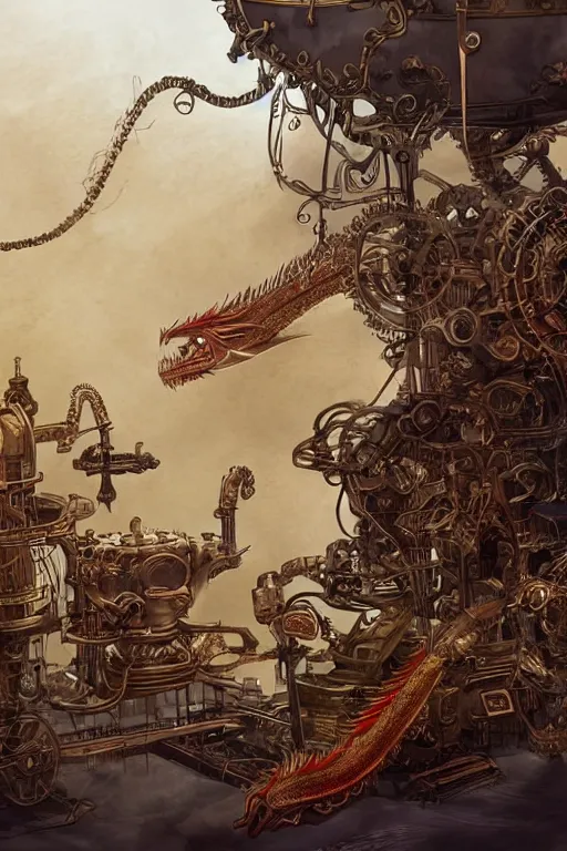 Image similar to illustration, old sick gold and crimsoned scaled asian style dragon on a steam punk plank of machinery with wires and gears and steam punk apparatus, matte painting, style of studio ghibli, concept art, featured in artstation and artgerm and pixiv, award winning, cinematic, 8 k