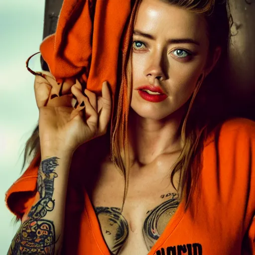 Image similar to amber heard with tattoos on forehead in orange prison uniform, ultra realistic, canon 3 5 mm portrait photography, 8 k