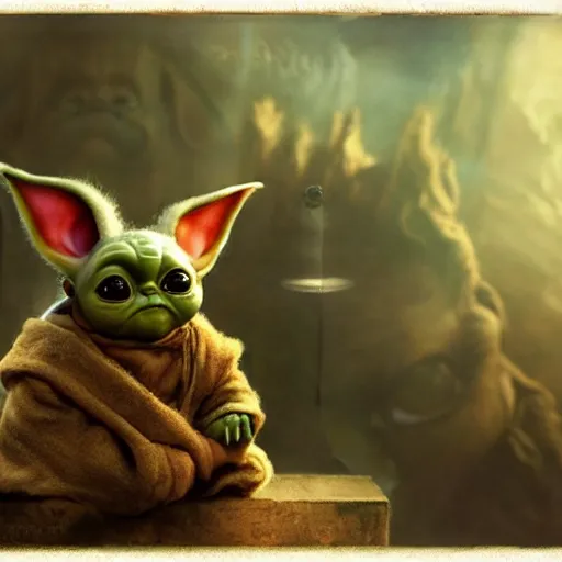 Image similar to gizmo mogwai and baby yoda are best friends, cinematic composition, epic dramatic lighting, realistic, hyperdetailed, photorealistic, photograph, epic scale by gaston bussiere