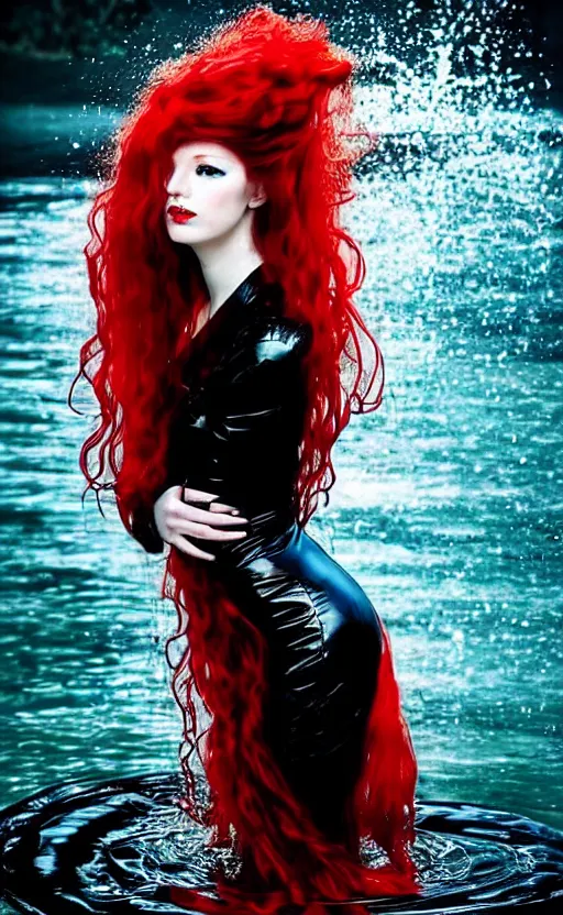 Image similar to portrait of a girl with long red hair in a black dress, snake, in black roses, under red water, very beautiful style, girl wrapped in black leather, photorealism, edgard maxens,