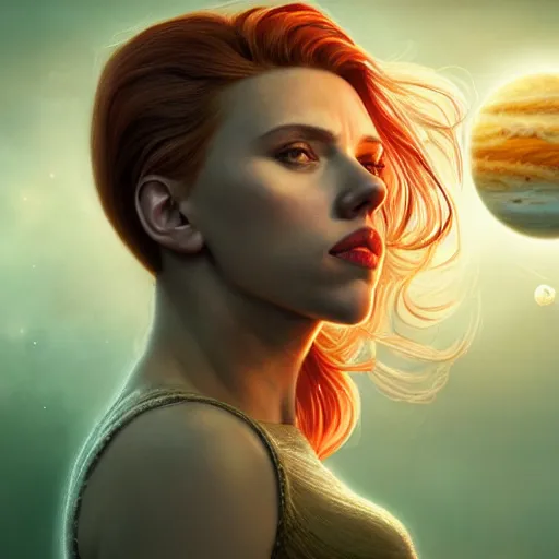 Prompt: a highly detailed matte portrait of scarlett johansson as a red haired wizard, standing on the moon titan and looking at jupiter, viewed in profile, crackling green lightning, ultrawide lens, art by artgerm and greg rutkowski and alphonse mucha, volumetric lighting, octane render, 4 k resolution, trending on artstation, masterpiece
