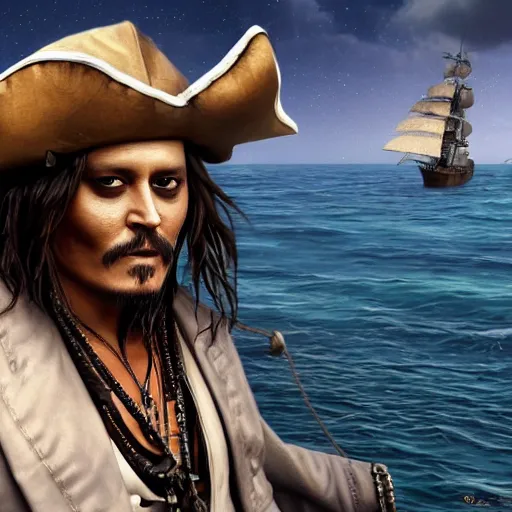 Prompt: Johnny Depp in a pirate costume sailing on a pontoon, cinematic,hyperrealistic, high detalied, high quality, digital art, artstation, 8k,