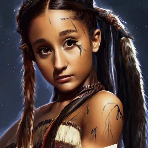 Prompt: ariana grande as a beautiful native american from 300 years ago with The Predator behind her, photography, moody lighting, artstation, realistic,