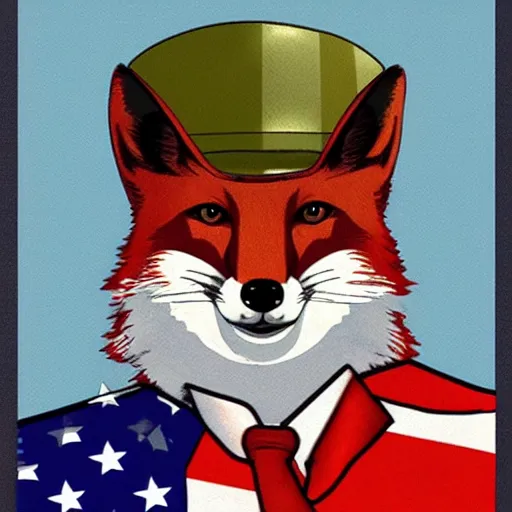 Image similar to fox animal dressed as a soldier in the style of a patriotic propaganda poster