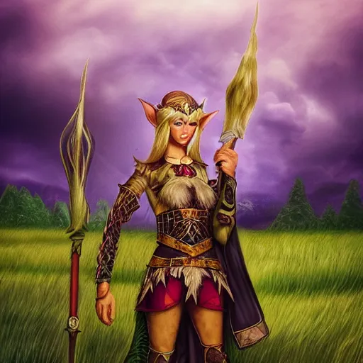 Image similar to fantasy portrait of an elf warrior with a field in the background