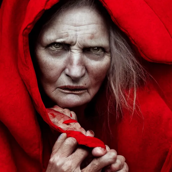 Prompt: closeup portrait of an angry woman in a red cloak, standing next to a red devil monster, by Annie Leibovitz and Steve McCurry, natural light, detailed face, CANON Eos C300, ƒ1.8, 35mm, 8K, medium-format print