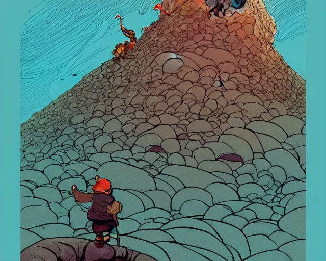 Prompt: cell shaded cartoon of a small hobbit climbing mount doom, lava on the mountain side, subtle colors, post grunge, concept art by josan gonzales and wlop, by james jean, victo ngai, david rubin, mike mignola, deviantart, art by artgem