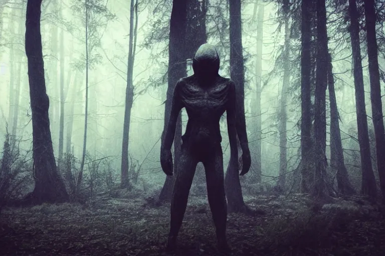 Image similar to a close shot of an ominous alien being standing in a forest, detailed, mythical, mist, depressing, tired, dark, lush, nature, mist, mystery, glows, somber, dismal, fog, heavy fog, dark lighting, rim light, glow, ambient light,