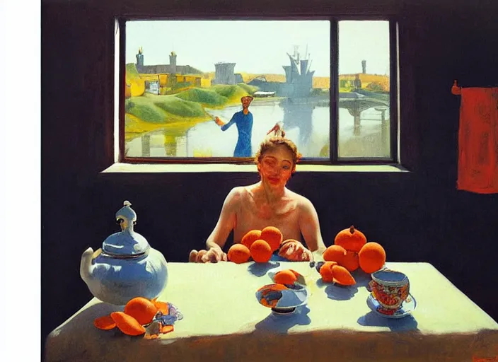 Image similar to painting, two lovers in poor shabby room, view of boat on river in window, tea pot and tea cups and bowl of oranges on table, by paula rego, by neo rauch, by edward hopper